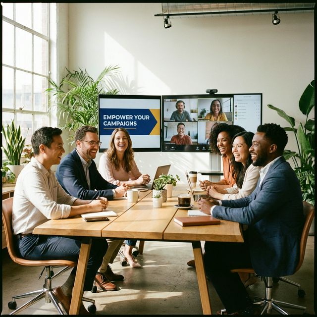 Young and middle-aged staff looking at computers and doing web conferences